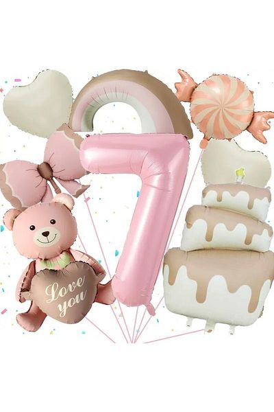DÜVENCİ TİCARET Retro Cake Candy Bear Heart Rainbow Bow Birthday Age Party Set