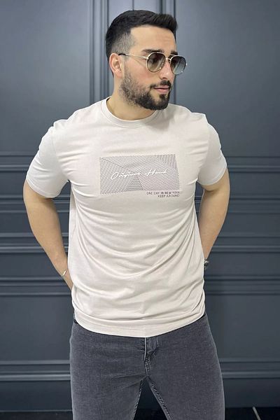 MİSHAR İTALİA Μπλουζάκι με στάμπα σε μπεζ ανδρικό λαιμόκοψη