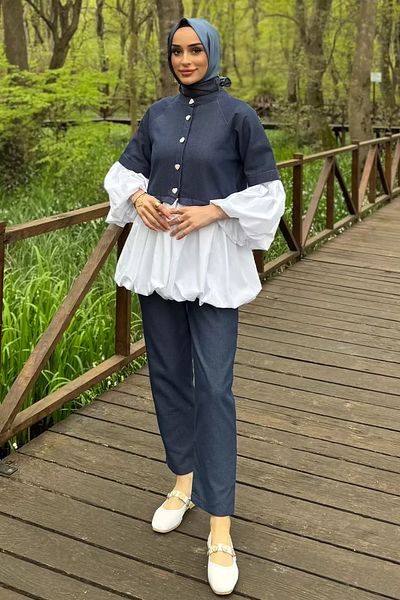 julude Μπλε ναυτικό μπαλόνι με γαρνιτούρα Stonewashed Jean Tunic Παντελόνι Hijab Σετ δύο τεμαχίων
