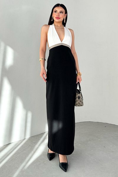 Cappmoda ELB-01775 Μαύρο και άσπρο φόρεμα με λαιμόκοψη χωρίς πλάτη
