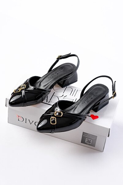 DİVOLYA Gabriel Black Patent Leather Cross Buckle (4 cm Heeled) Pointed Toe Ballerina Shoes