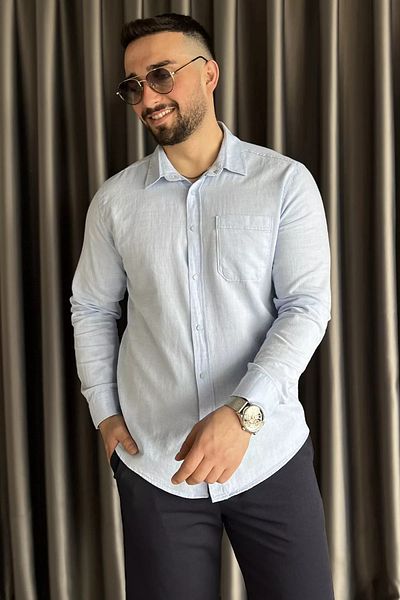 MİSHAR İTALİA Μπλε ανδρικό μακρυμάνικο πουκάμισο με μονή τσέπη
