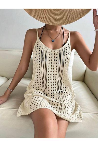 YUGA KNİTTİNG Ajuru Print ΠΛΕΚΤΟ λουράκι διάτρητο αδιάβροχο φόρεμα παραλίας