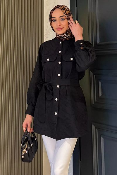 julude Μαύρο γυναικείο πουκάμισο Hijab με ανάγλυφο σχέδιο με λεπτομέρεια
