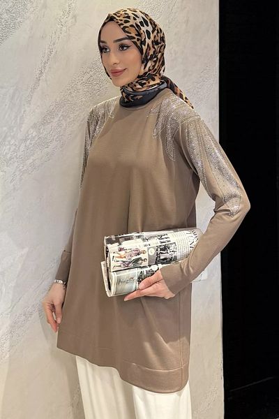 julude تونيك حجاب محبوك بكتف بني فاتح