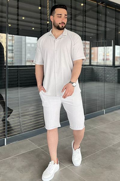 MİSHAR İTALİA Gray Men's Apache Collar Shirt Shorts Double Set