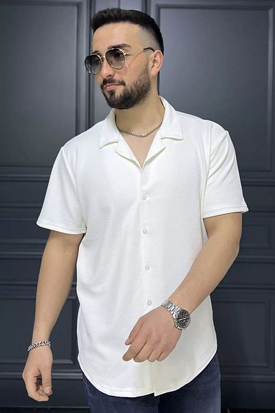 MİSHAR İTALİA Ανδρικό κοντομάνικο πουκάμισο Cream Apache Collar