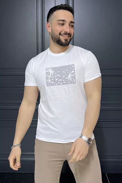 MİSHAR İTALİA Λευκό ανδρικό T-shirt με στάμπα με λαιμόκοψη
