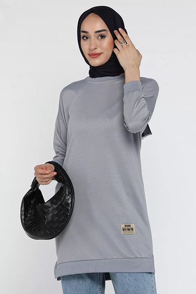 julude Gray Women's Crew Neck Embroidered Hijab Tunic