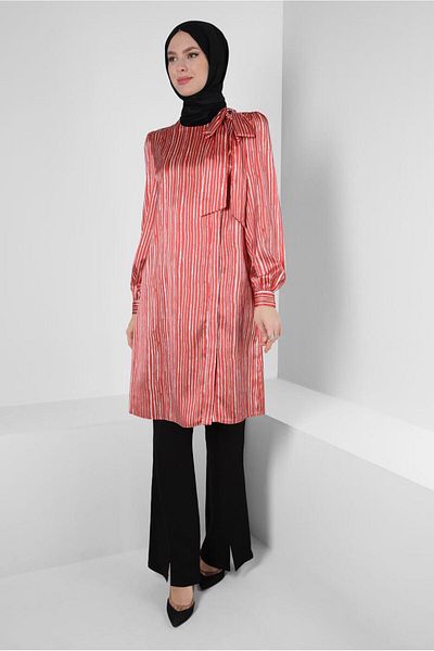 Alvina STRIPED COLLAR BOW DETAIL SATIN TUNIC 43738