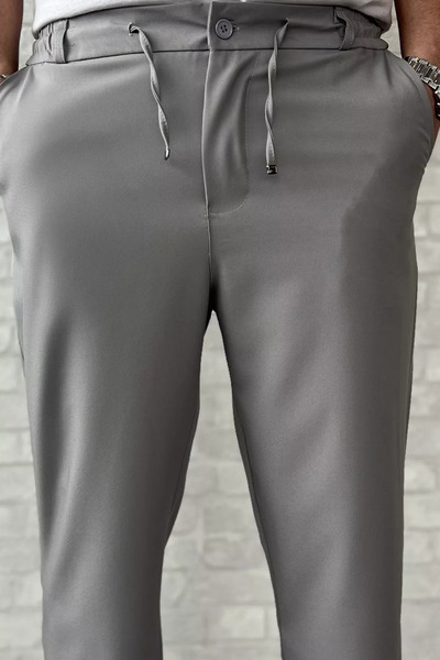 MİSHAR İTALİA Gray Men's Double Leg Waist Tied Fabric Trousers