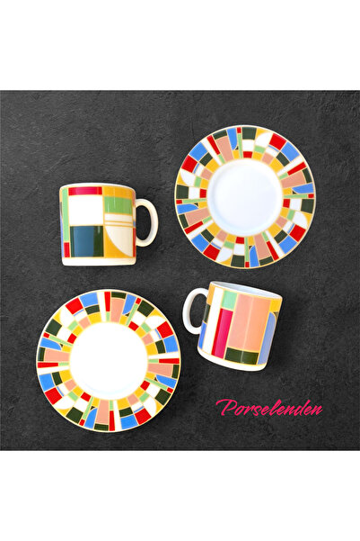 porselenden Macha Premium Porselen 4 Parça 2 Kişilik Kahve Fincan Takımı 90 ml Lacivert Özel Tasarım