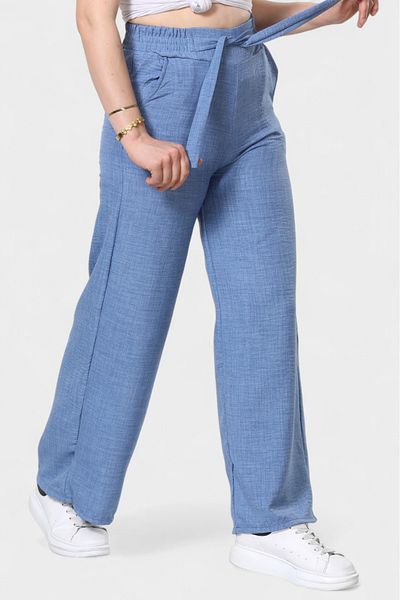 SOSYETE AVM Women's Blue Belted Elastic Waist Palazzo Linen Trousers