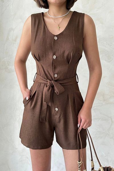 bacc Women's Brown Belted Pleated Buttoned Shorts Jumpsuit Bchn- 25255055