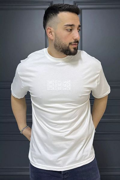 MİSHAR İTALİA Κρεμ ανδρικό μπλουζάκι με στάμπα σιλικόνης με λαιμόκοψη