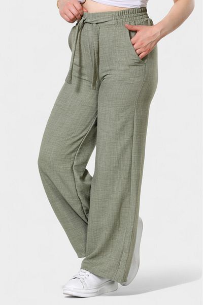 SOSYETE AVM Women's Khaki Belted Elastic Waist Palazzo Linen Trousers