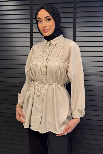 julude Stone Women's Front Gather Detailed Waist Tie Hijab Tunic