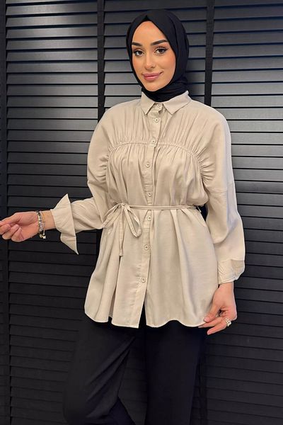 julude Stone Women's Front Gather Detailed Waist Tie Hijab Tunic