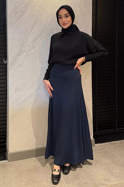 julude Γυναικεία μονόχρωμη φούστα Navy Blue με ελαστική μέση με κορδόνια Hijab Kiloş