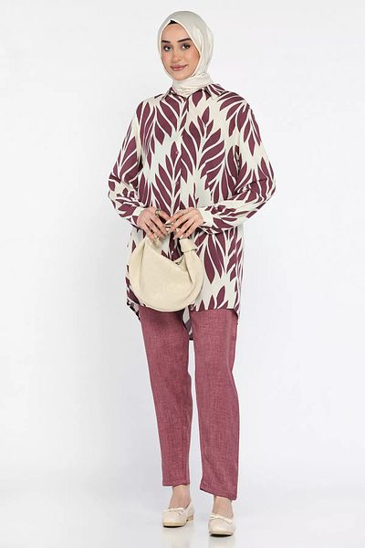 julude Κρέμα Plum Plus Size Παντελόνι με σχέδιο Hijab Σετ δύο τεμαχίων