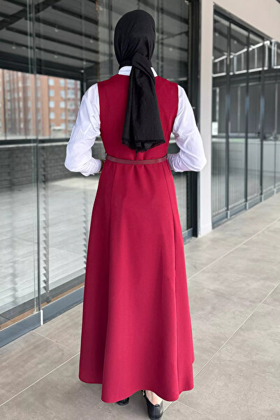 julude Burgundy Belted Hijab Gilet Dress