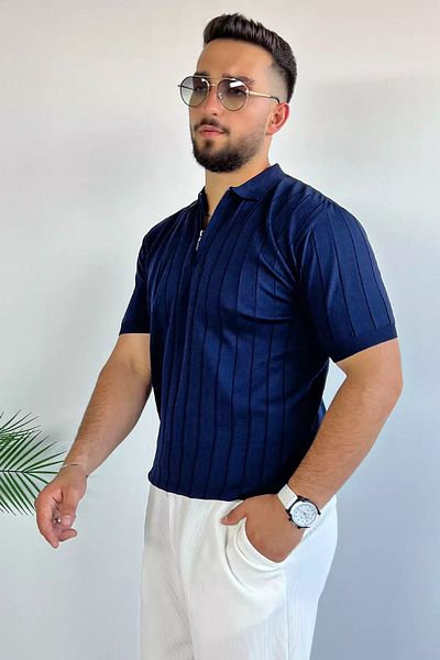 MİSHAR İTALİA Ανδρικό πλεκτό μπλουζάκι Navy Blue Polo με μισό φερμουάρ