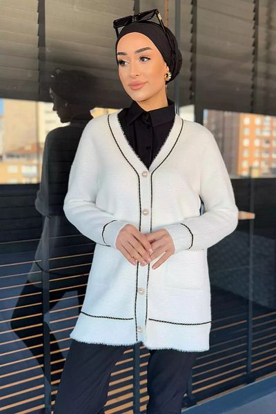 julude White Women's Double Pocket Front Buttoned Bearded Hijab Cardigan