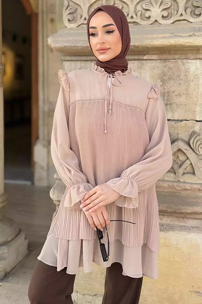 julude Μπεζ γυναικείο πέτο δεμένο πλισέ Hijab Chiffon Tunic