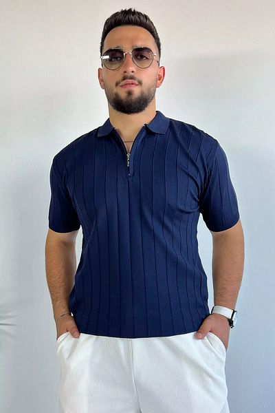 MİSHAR İTALİA Ανδρικό πλεκτό μπλουζάκι Navy Blue Polo με μισό φερμουάρ