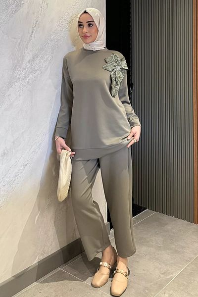 julude Khaki Collar Flower Detailed Tunic Trousers Hijab Double Set