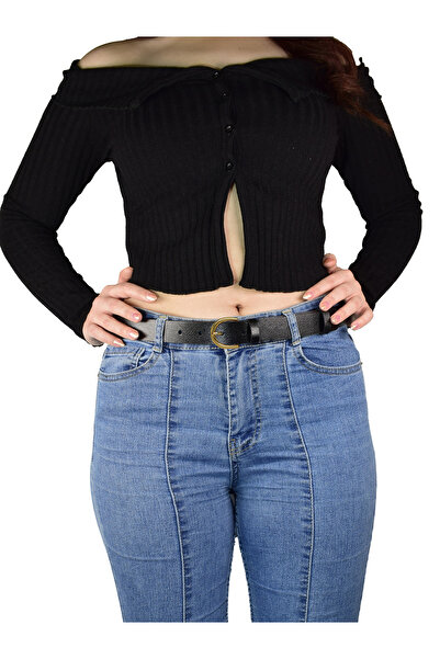 GoDeri %100 Hakiki Deri Gold Tokalı Siyah Ince Kadın Kemeri, 3cm=3cm-kdn-02