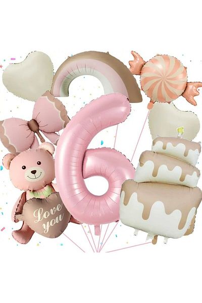 DÜVENCİ TİCARET Retro Cake Candy Bear Heart Rainbow Bow Birthday Age Party Set