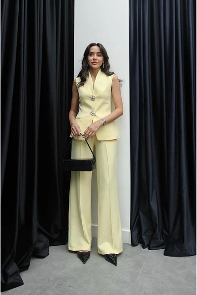 Julidress Light Yellow Big Gold Button Lined Vest and Pants Premium Set