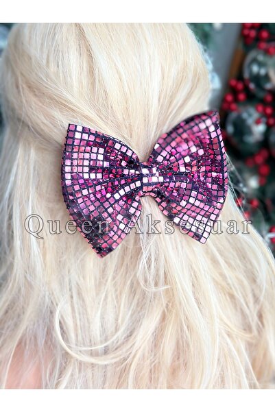 QUEEN AKSESUAR Mozaic cu design de lux, pătrat, cu paiete strălucitoare, fundă strălucitoare, roz metalic, închidere automată cu clips