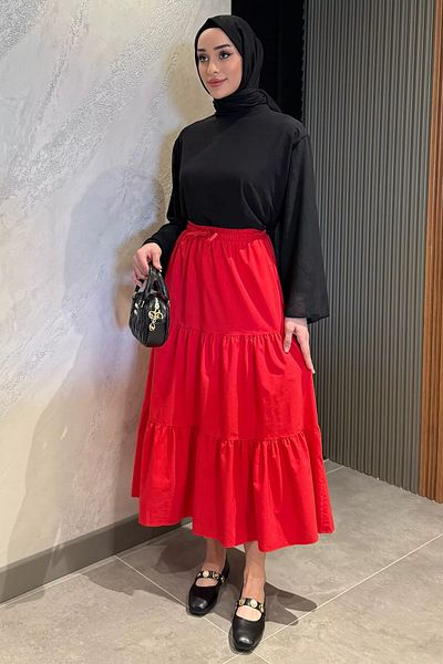 julude Red Women's Elastic Waist Pleated Tiered Hijab Skirt
