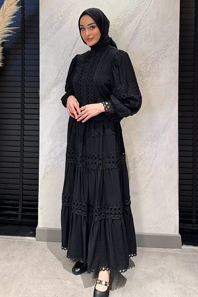 julude قميص أسود بياقة القاضي صدفي وخصر مرن تنورة حجاب مجموعة مزدوجة