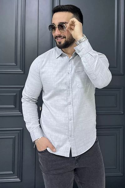 MİSHAR İTALİA Γκρι ανδρικό μακρυμάνικο πουκάμισο με μονή τσέπη