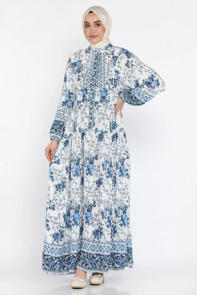 julude Rochie de damă albastră cu imprimeu floral, cu jumătate de nasturi, din viscoză