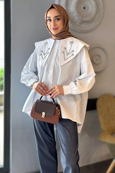 julude White Collar Stone Detailed Oversize Hijab Tunic