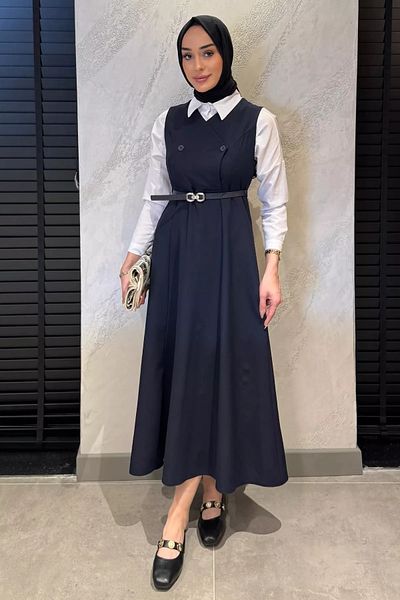 julude Μπλε με ζώνη Hijab Gilet φόρεμα