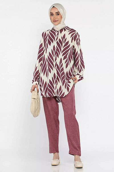julude Κρέμα Plum Plus Size Παντελόνι με σχέδιο Hijab Σετ δύο τεμαχίων