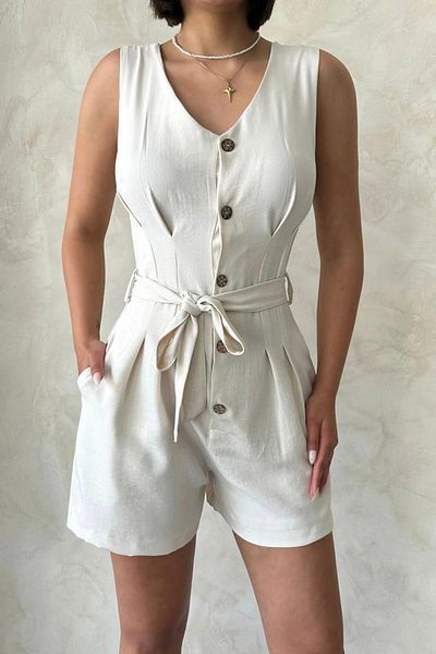 bacc Women's White Belted Pleated Buttoned Shorts Jumpsuit Bchn- 25255055