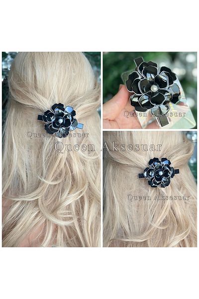 QUEEN AKSESUAR Luxury Camellia Brand Fashion French Automatic Clip-On Rose Flower with Pearl Shiny Buckle Black
