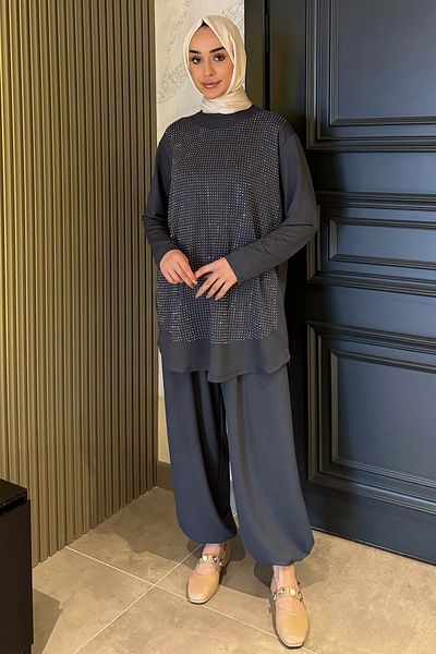 julude Καπνιστή πέτρα κεντημένη Crew Neck Tunic Παντελόνι Hijab Διπλό Σετ
