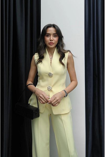 Julidress Light Yellow Big Gold Button Lined Vest and Pants Premium Set