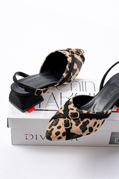DİVOLYA Gabriel Leopard Black Cross Buckle (4 cm Heel) Pointed Toe Ballerina Shoes