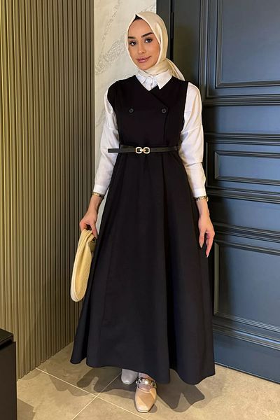 julude Μαύρο φόρεμα με ζώνη Hijab Gilet