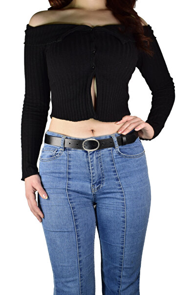 GoDeri %100 Hakiki Deri Mat Gümüş Oval Tokalı Siyah Ince Kadın Kemeri, 3 Cm=3cm-kdn-39-nik.ov