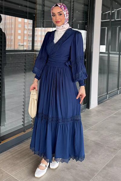 julude Navy Blue Scalloped Waist Tie Up πουκάμισο Φούστα Hijab Διπλό Σετ (Κατάλληλο s-m-l)