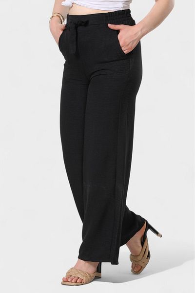 SOSYETE AVM Women's Black Belted Elastic Waist Palazzo Linen Trousers